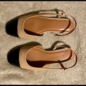 ASOS Design Wide Fit Lively sling back ballet flats in beige and black